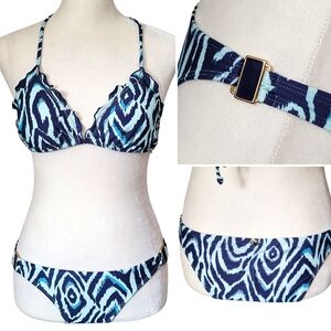 PilyQ Tanzania Zebra Bikini Set Blue Animal Print Ruffle Top M Bottom L